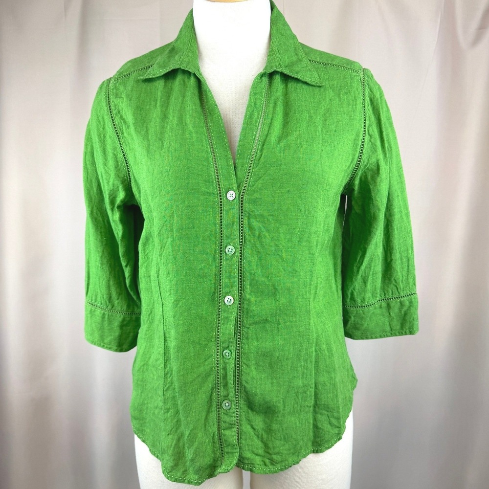 EDDIE BAUER Womens Linen (PL)‎ Petite Button 3/4 Sleeve Shirt Green Airy Preppy